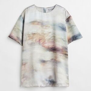 H&M XL Oversized Short Sleeve Watercolor Green Brown Satin Blouse